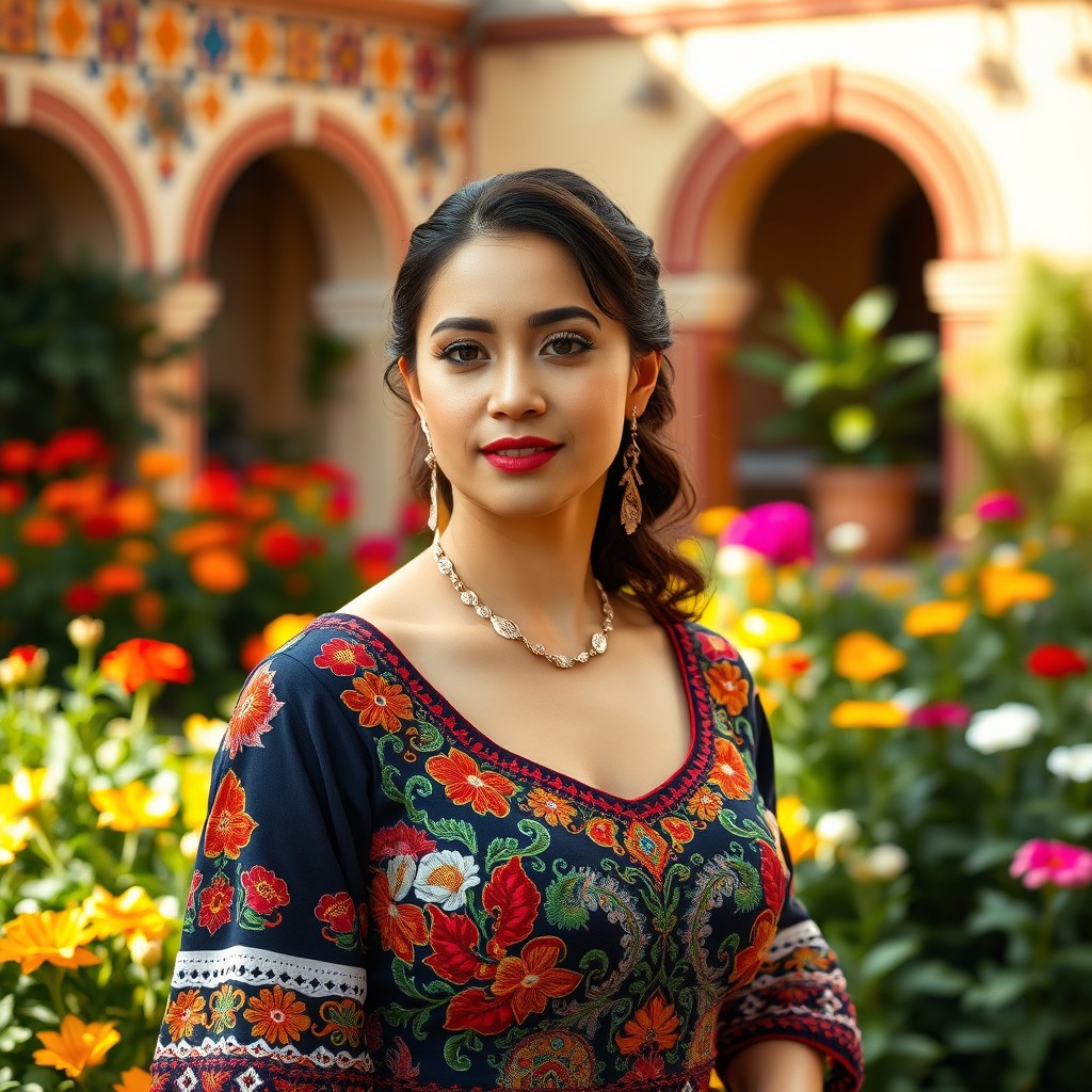 A portrait of an elegant Mexican woman, dressed in a vibrant traditional dress adorned with intricate embroidery, surrounded by a lush garden filled with colorful flowers