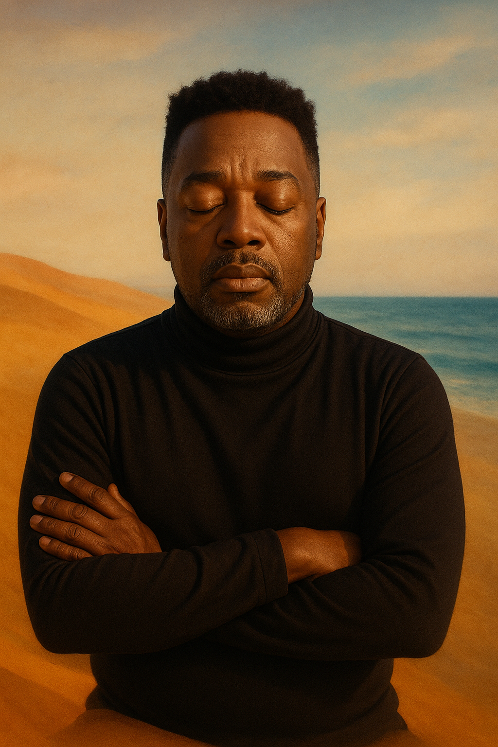 ProfessionaL book cover, African man's portrait with closed eyes 
in serene meditative expression, peaceful introspective mood, seamlessly 
integrated with abstract background featuring warm golden sand dunes at 
bottom flowing into deep blue Mediterranean ocean water in middle and 
soft luminous sky at top, cinematic lighting creating natural gradient 
from warm to cool tones, photorealistic textures, soft atmospheric glow, 
editorial biographical style, elegant composition, high resolution 
suitable for Amazon KDP publishing, evokes journey from earth to water 
to sky, symbolic of transformation and rebirth