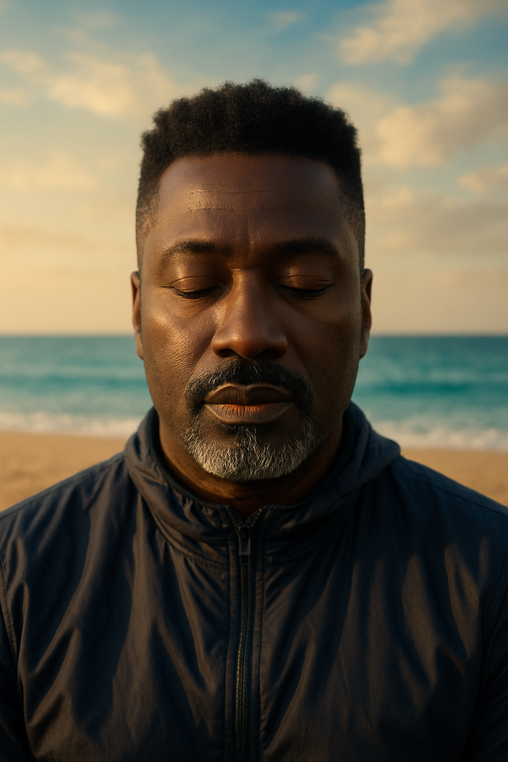 Fotografía editorial cinematográfica, primer plano del rostro de un hombre africano adulto [usar imagen de referencia A para el rostro] con ojos cerrados en expresión de serenidad meditativa profunda. El retrato está encuadrado hasta la línea de las clavículas y se integra orgánicamente en una transición vertical de paisaje: la base es arena dorada del desierto con texturas suaves, la sección media es agua de mar Mediterráneo turquesa profundo fluyendo, y la parte superior es un cielo etéreo y luminoso con nubes suaves. Iluminación mágica de hora dorada creando un resplandor atmosférico cálido, texturas fotorrealistas, enfoque nítido en el rostro, composición elegante y espiritual, alta resolución.
