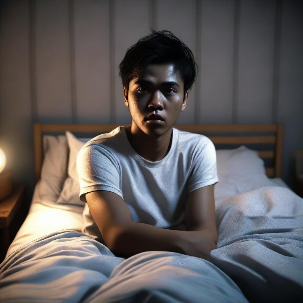 A 3D, realistic depiction of a 24-year-old Indonesian man in white t-shirt and jeans, lying in bed in an apartment, with a expression of fear etched onto his face in the night setting.