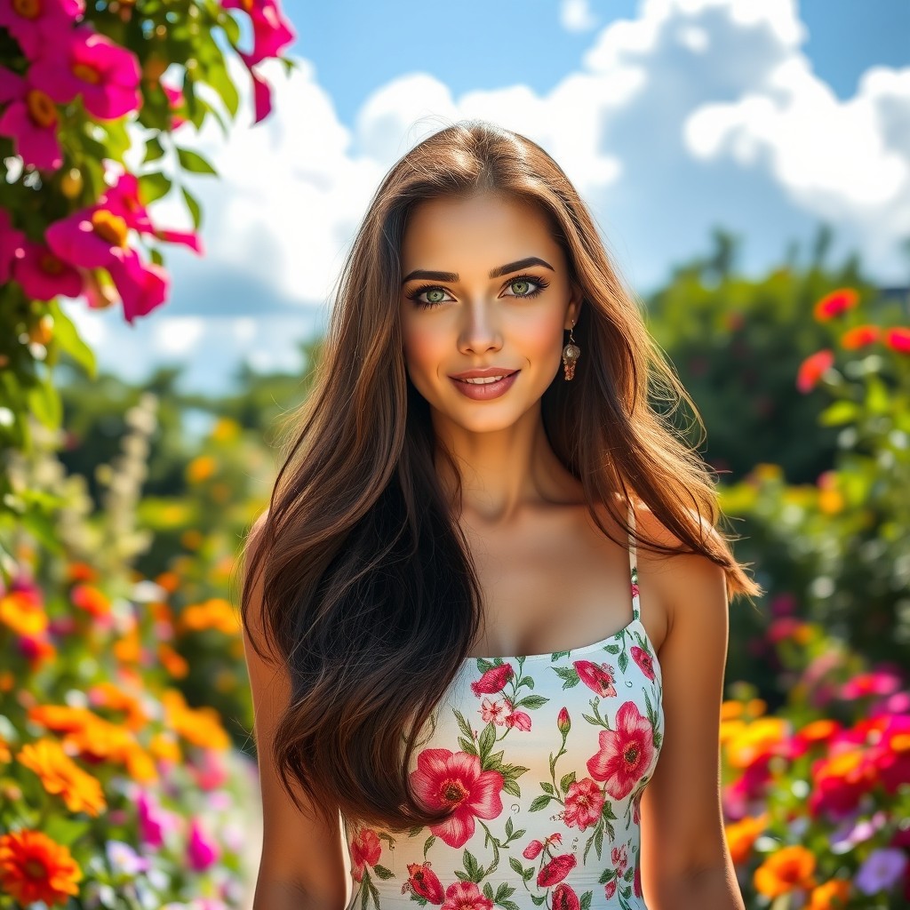 A portrait of a beautiful woman named Paola, with long, flowing dark hair and striking green eyes