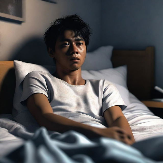 A 3D, realistic depiction of a 24-year-old Indonesian man in white t-shirt and jeans, lying in bed in an apartment, with a expression of fear etched onto his face in the night setting.