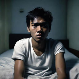 A 3D, realistic depiction of a 24-year-old Indonesian man in white t-shirt and jeans, lying in bed in an apartment, with a expression of fear etched onto his face in the night setting.