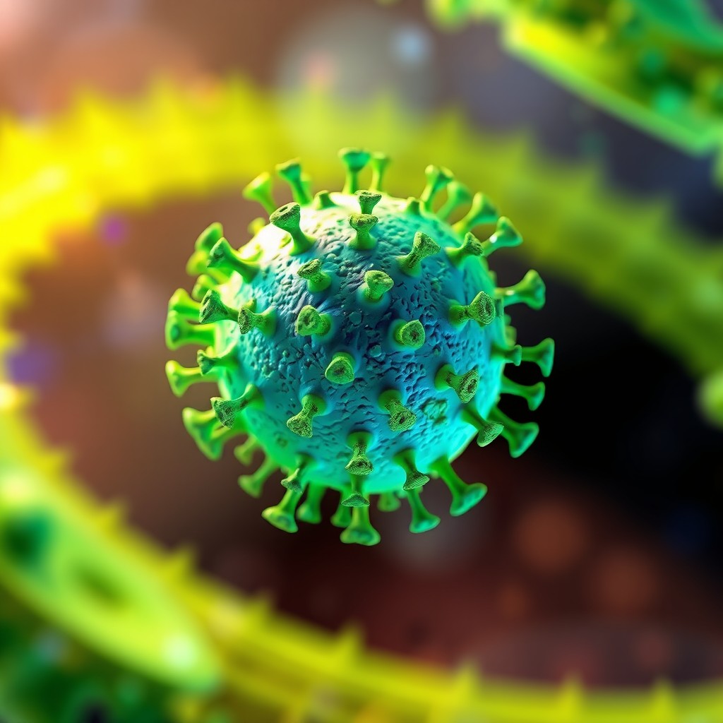 A stylized digital representation of a virus, showcasing intricate details of its structure