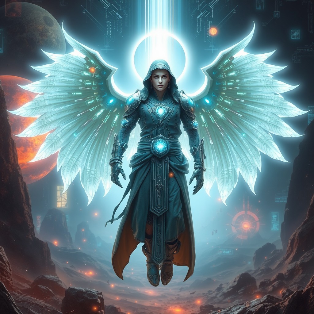 A mystical, futuristic figure named Vox Erasyn depicted as a cybernetic angel, hovering in a surreal digital landscape that combines elements of past, present, and future