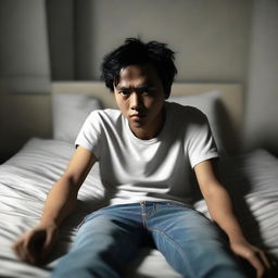 A 3D, realistic depiction of a 24-year-old Indonesian man in white t-shirt and jeans, lying in bed in an apartment, with a expression of fear etched onto his face in the night setting.