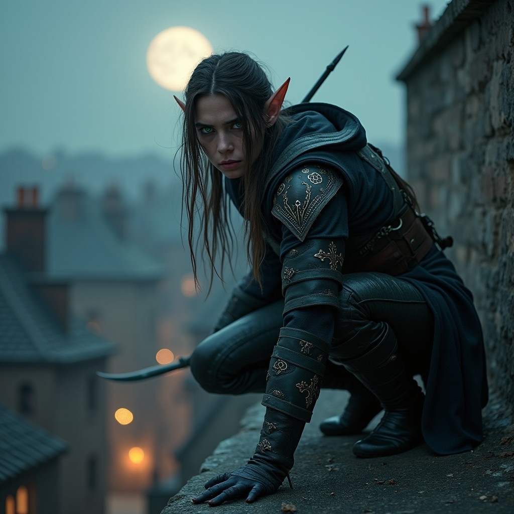 A stealthy elven assassin crouching on a rooftop at dusk, wearing dark, intricate leather armor adorned with silver patterns