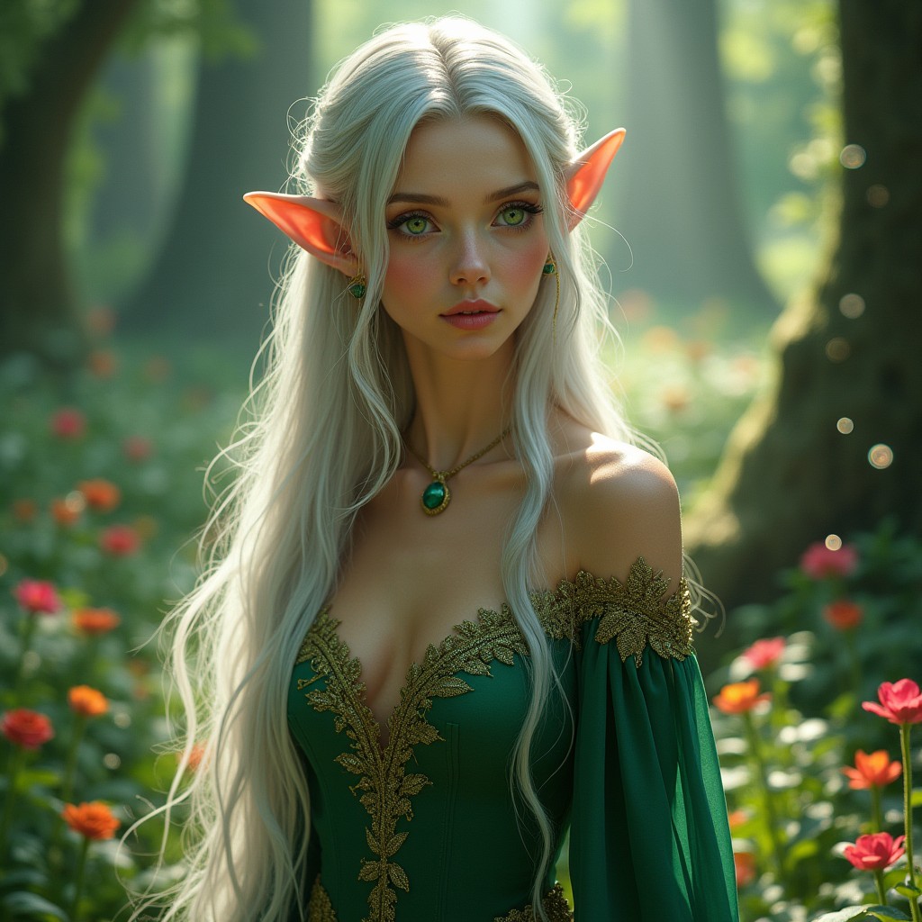 A stunning female elf with long, flowing silver hair, pointed ears, and enchanting green eyes