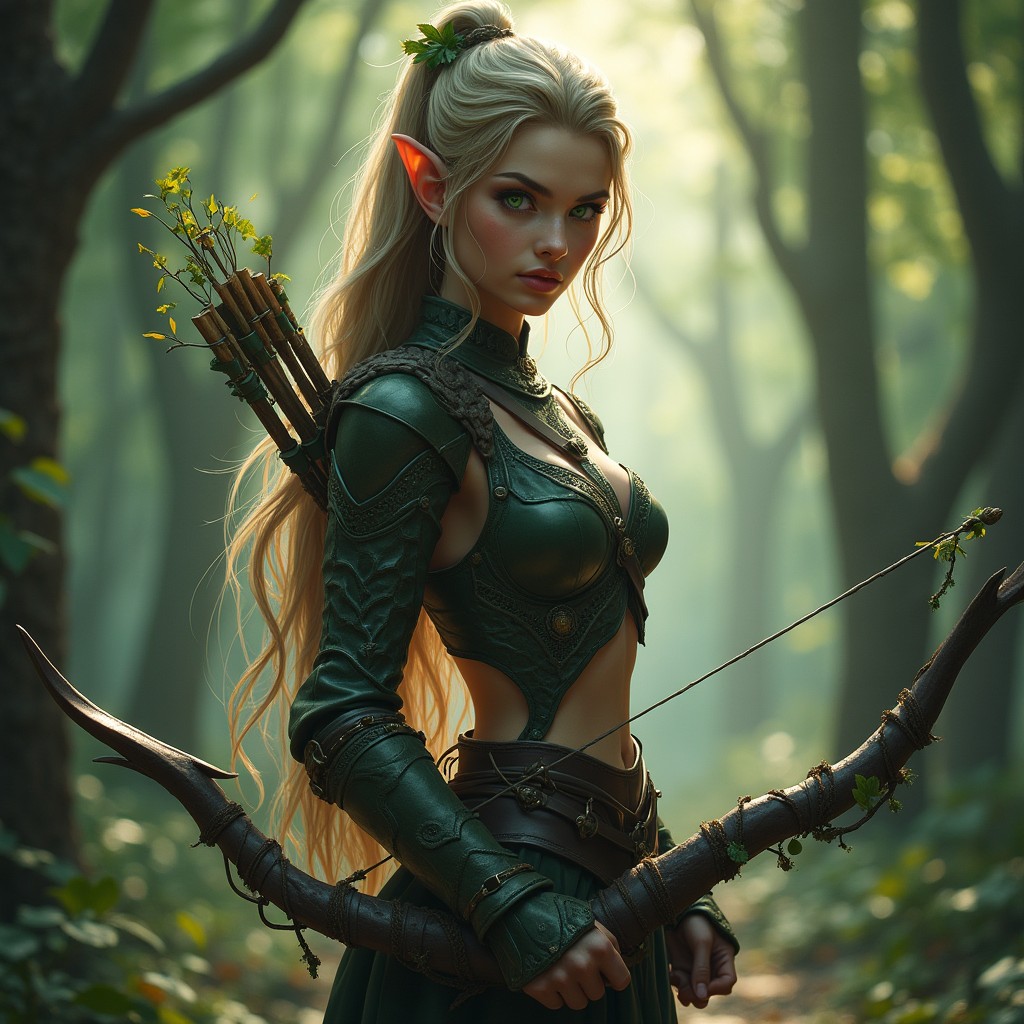 A stunning female elf warrior clad in intricately designed leather armor, showcasing her athletic build and graceful features
