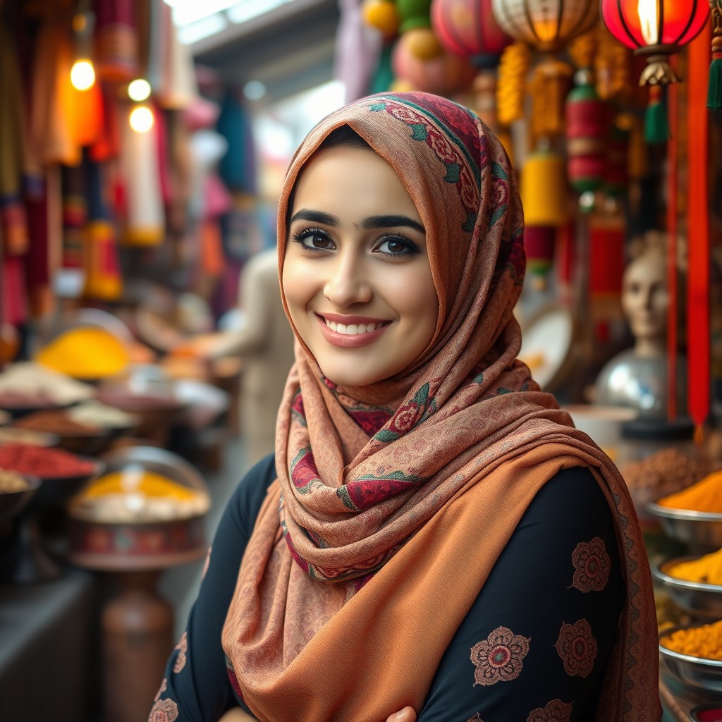 A young woman gracefully wearing a colorful hijab, styled elegantly, with intricate patterns and textures