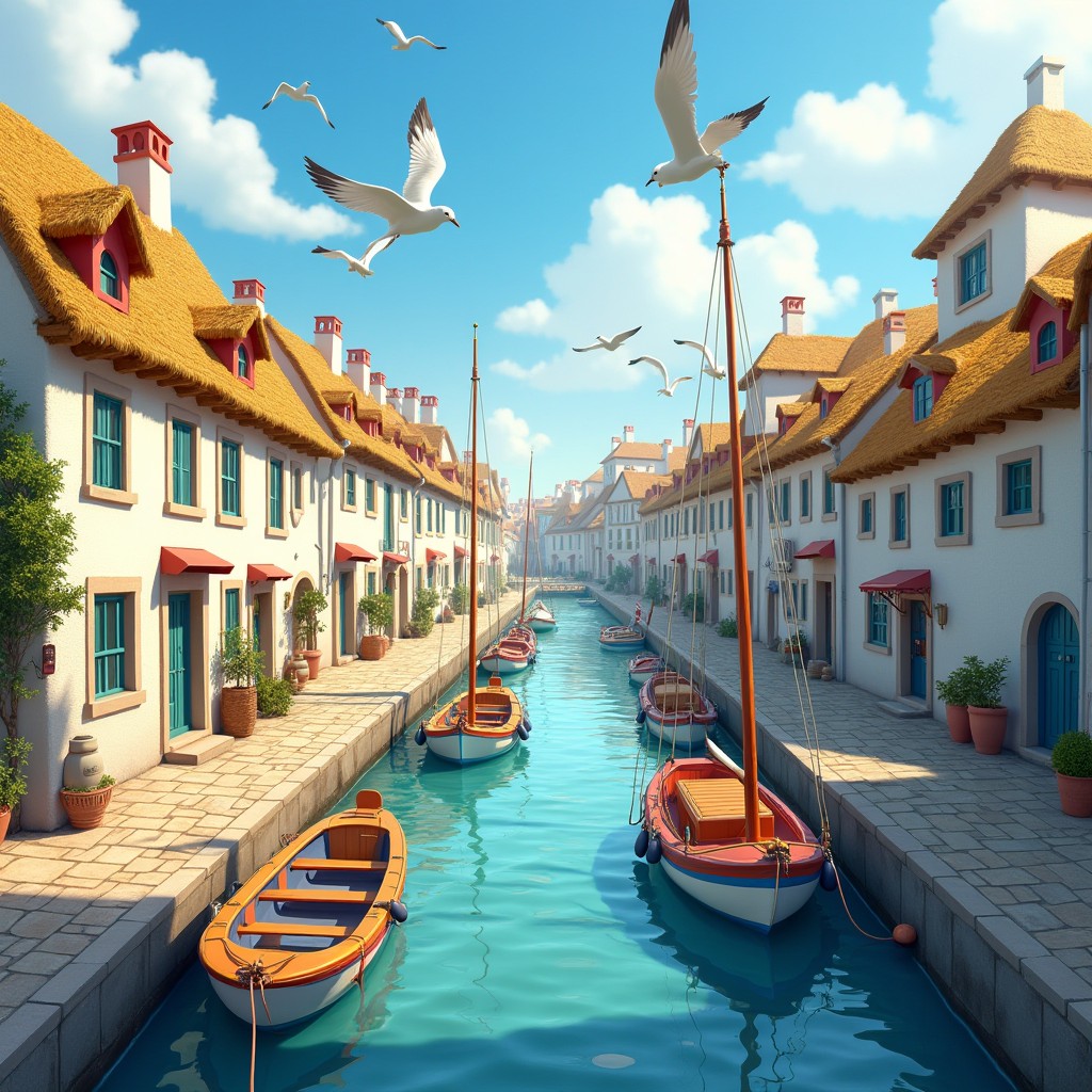A charming, animated depiction of a sleepy harbour town inspired by the film 'Luca', featuring rows of cobbled streets filled with crammed whitewashed stone houses topped with thatched roofs in vibrant, cartoonish colors