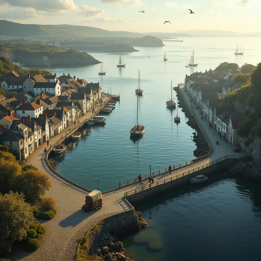 A charming, large semicircular harbour town set in the days of horse and cart, where the tranquil harbour opens up magnificently to the horizon