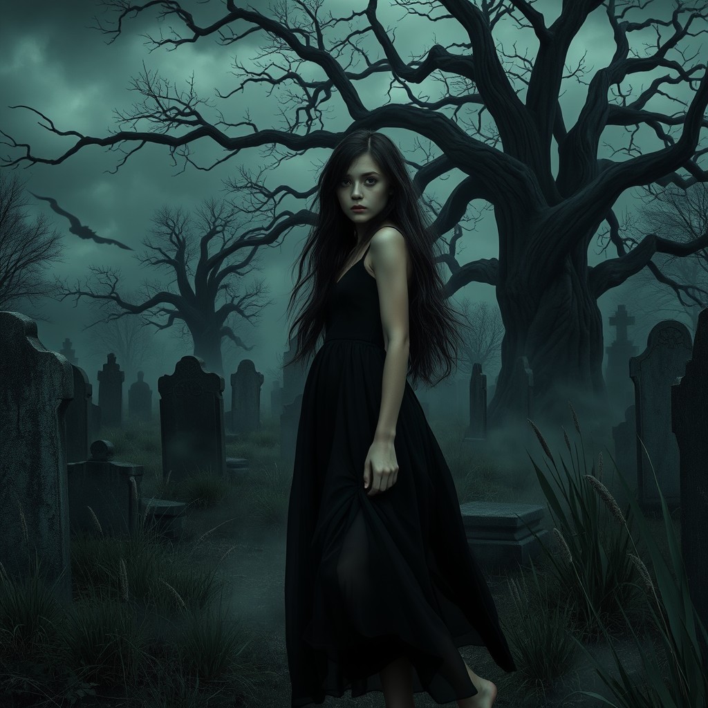 A hyper-realistic image of a teenage girl standing in a spooky cemetery