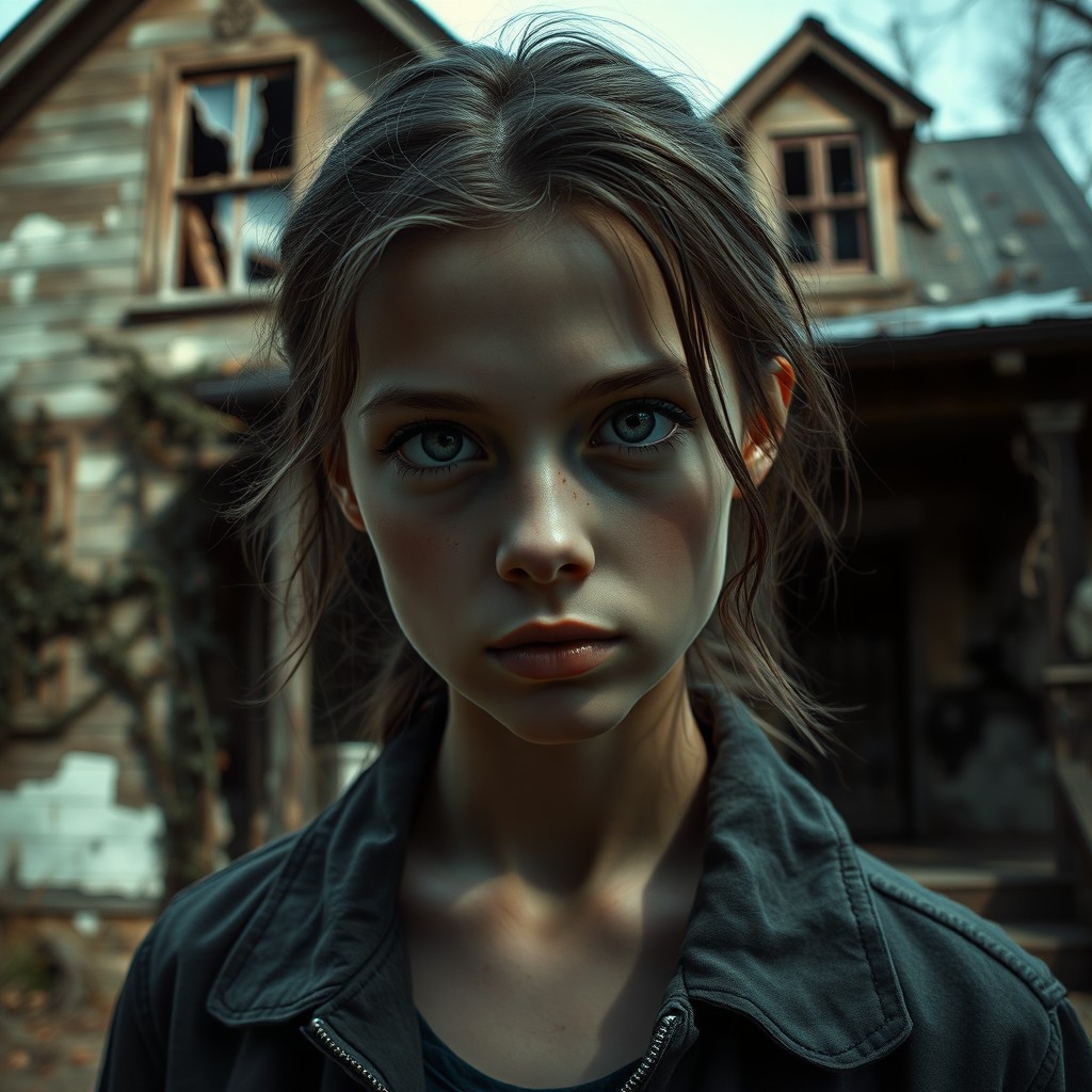 A hyper-realistic close-up portrait of a teenage female with expressive eyes and a pensive expression, standing in front of an abandoned, dilapidated house