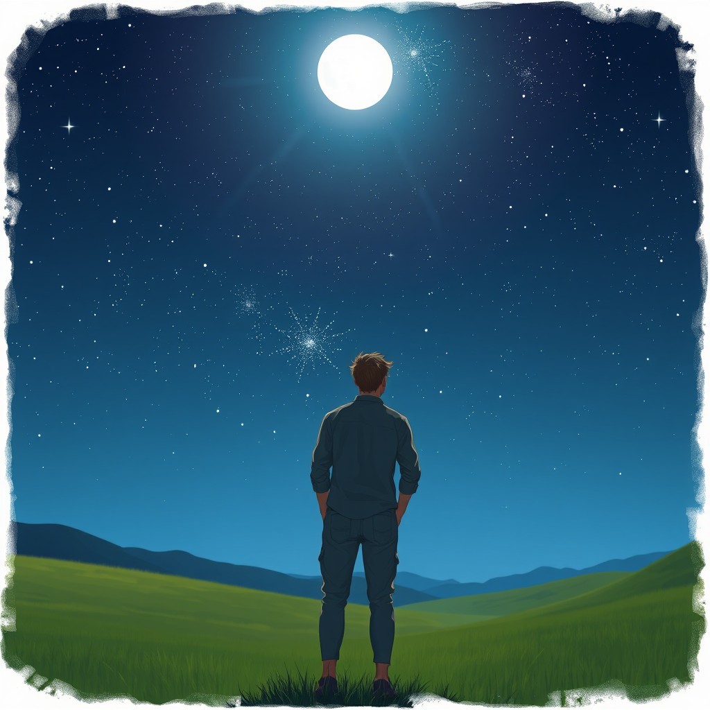 A male figure standing in a field, gazing up at a starry sky filled with bright stars and constellations, the night is clear and serene