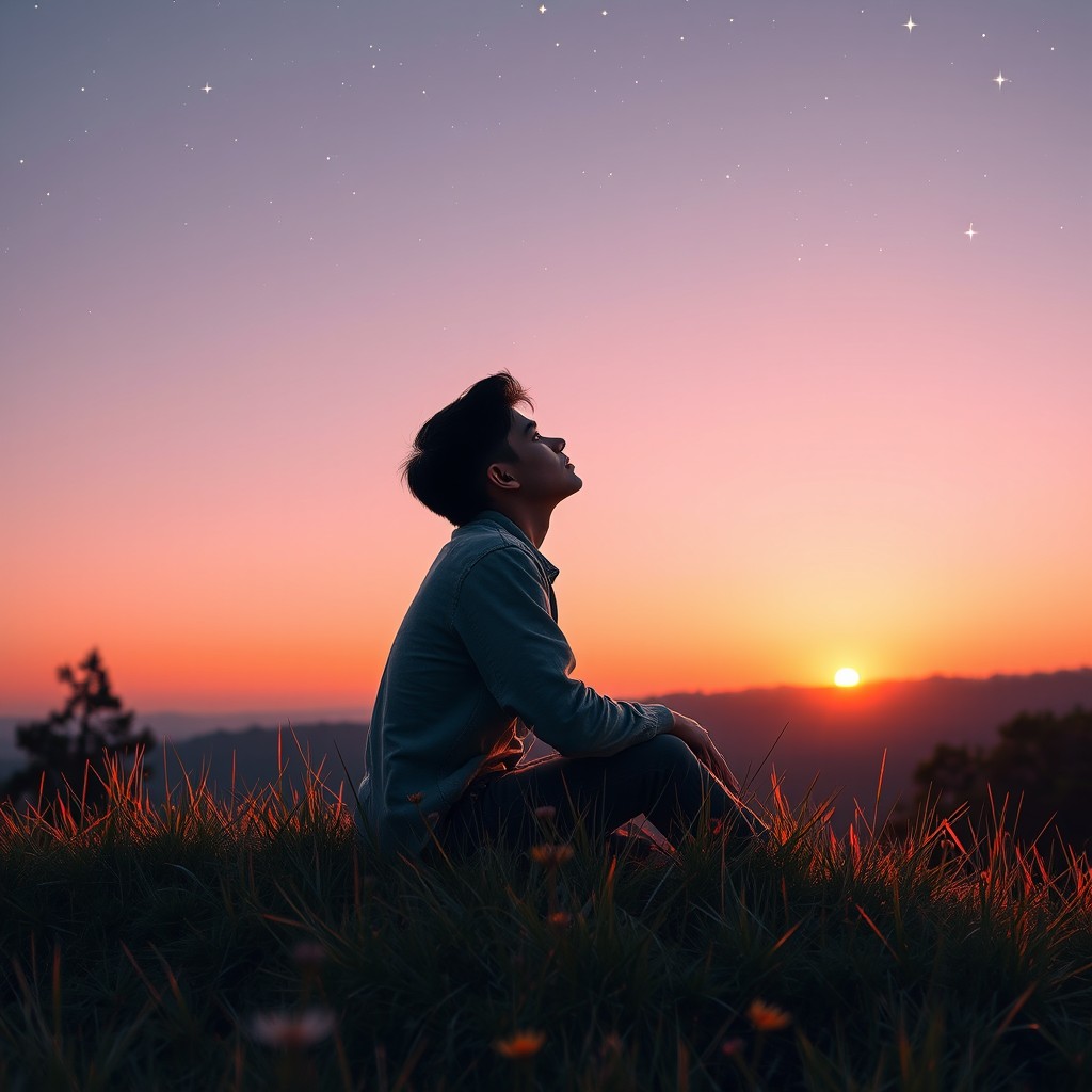 A young man sitting on a grassy hill, gazing up at the stars in the early dawn sky