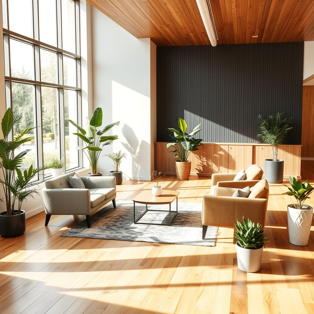 An open space layout showcasing 30 square meters filled with two distinct seating clusters: one cluster features four comfortable chairs arranged around a low coffee table, while the other cluster consists of two cozy armchairs positioned next to a small side table