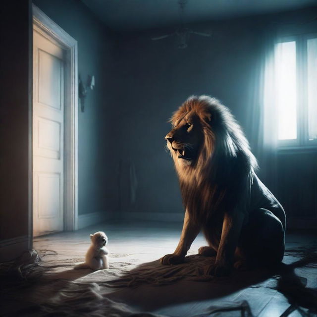 A chilling scene in a dark room, where a terrifying ghost is consuming a lion, enhancing the atmosphere of horror.