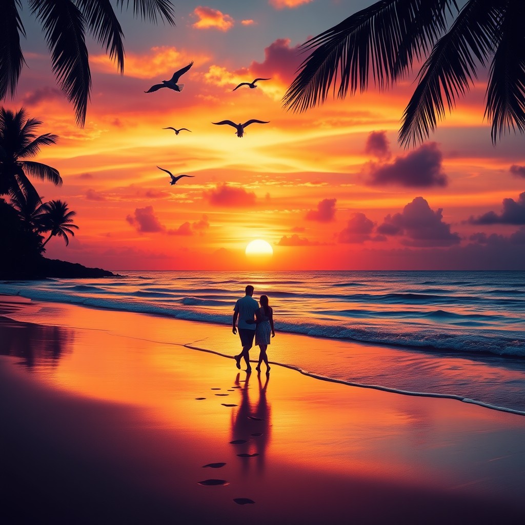 A vibrant and colorful sunset over a tranquil beach, with gentle waves lapping at the shore