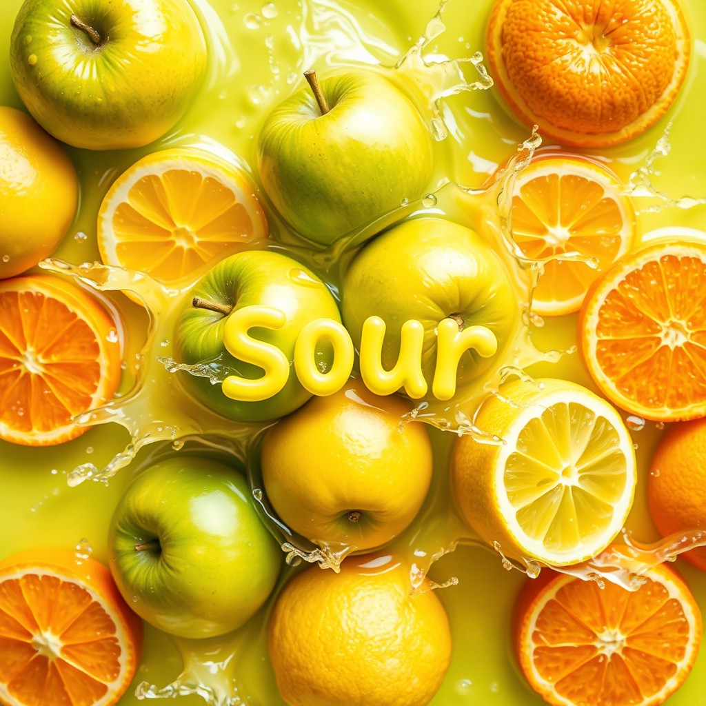 A vibrant composition featuring a bright sour background filled with green apples, lemons, and oranges arranged artistically