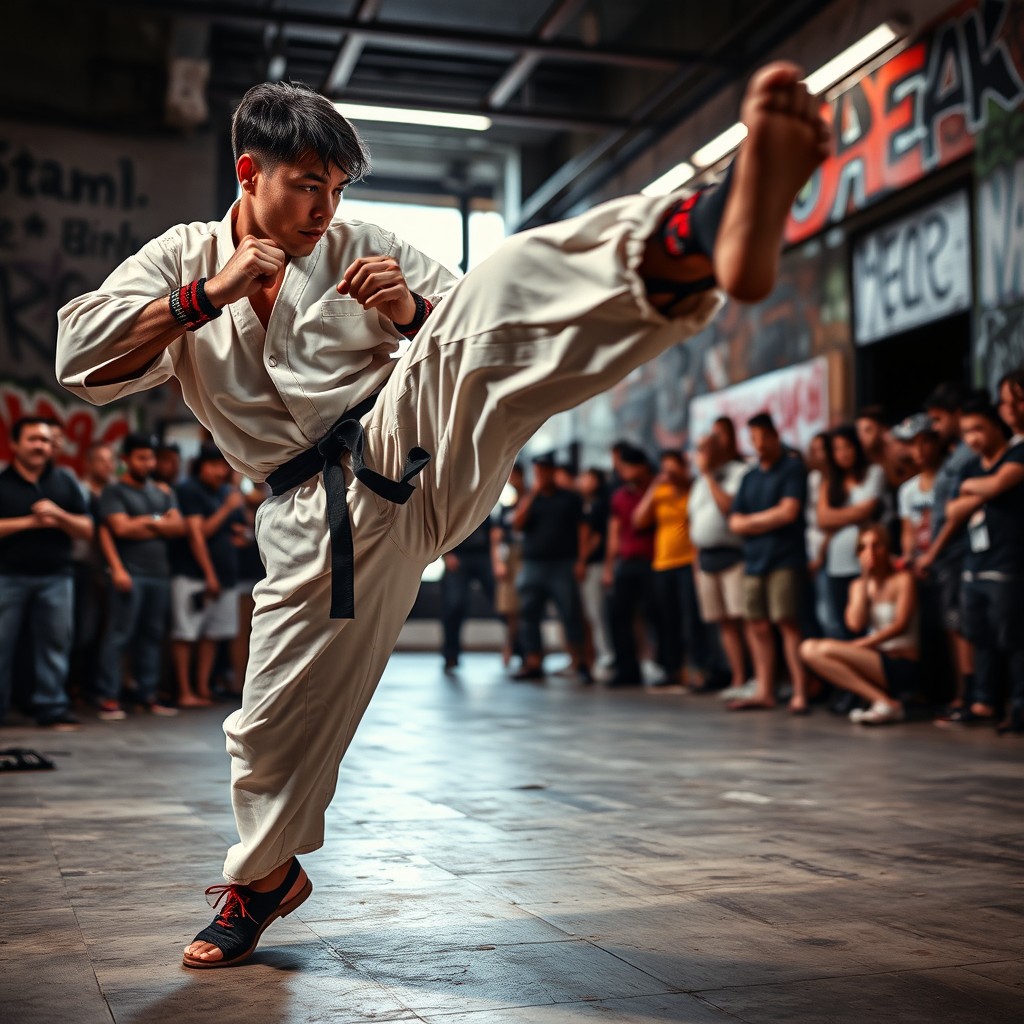 A dramatic and dynamic scene capturing the moment of a powerful kick to the groin, showcasing a martial arts expert in mid-motion