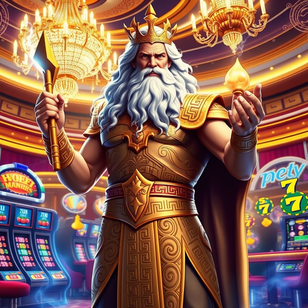 A powerful and majestic depiction of Zeus, the Greek god of thunder, standing confidently inside a luxurious casino environment