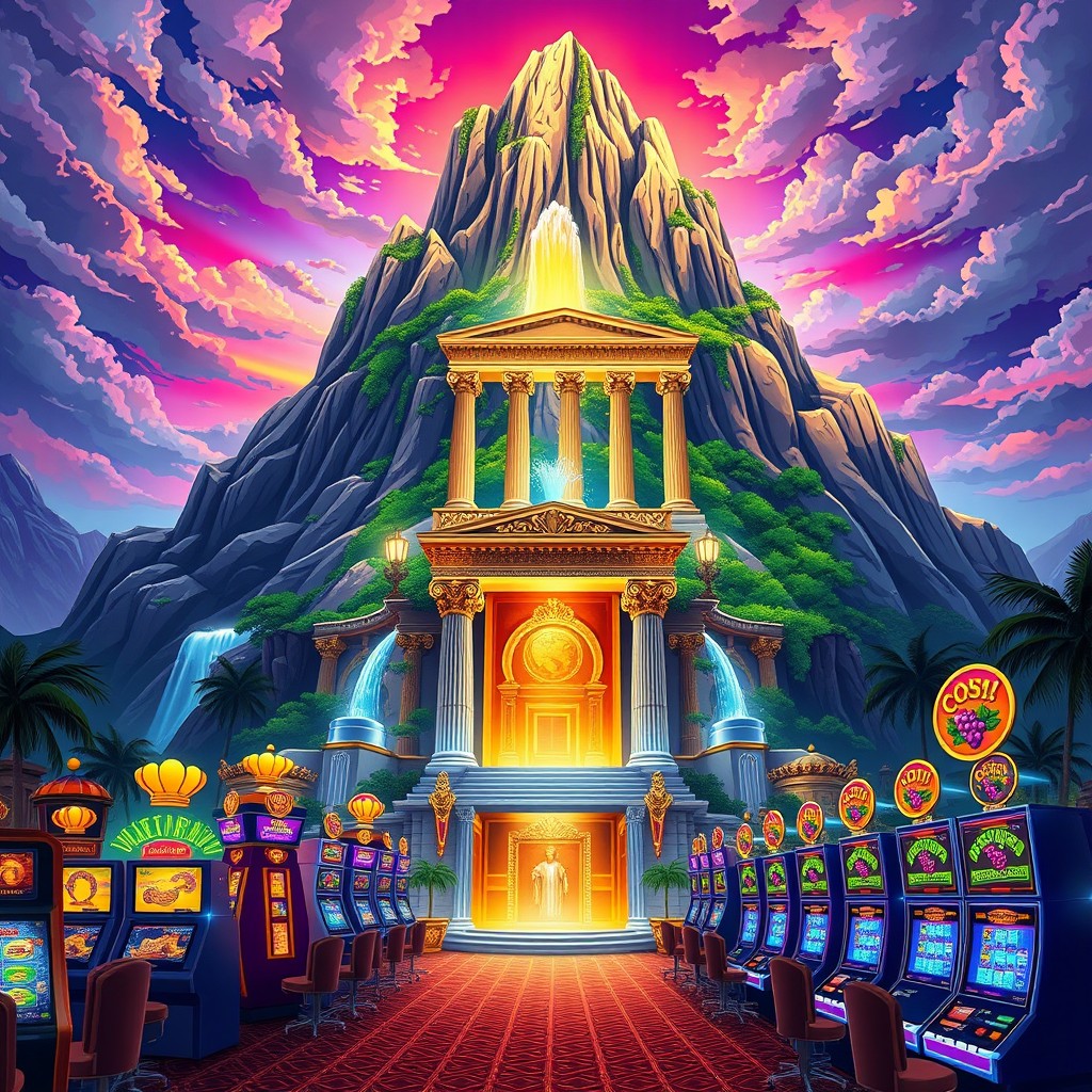 A breathtaking illustration of Mount Olympus transformed into an extravagant casino setting