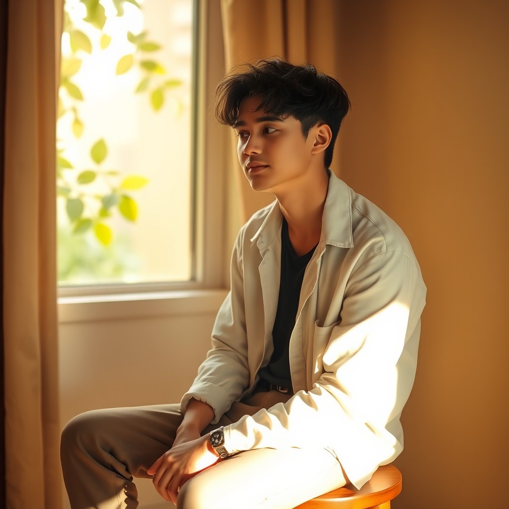 A thoughtful young man sitting on a stool, lost in contemplation, with a gentle expression on his face