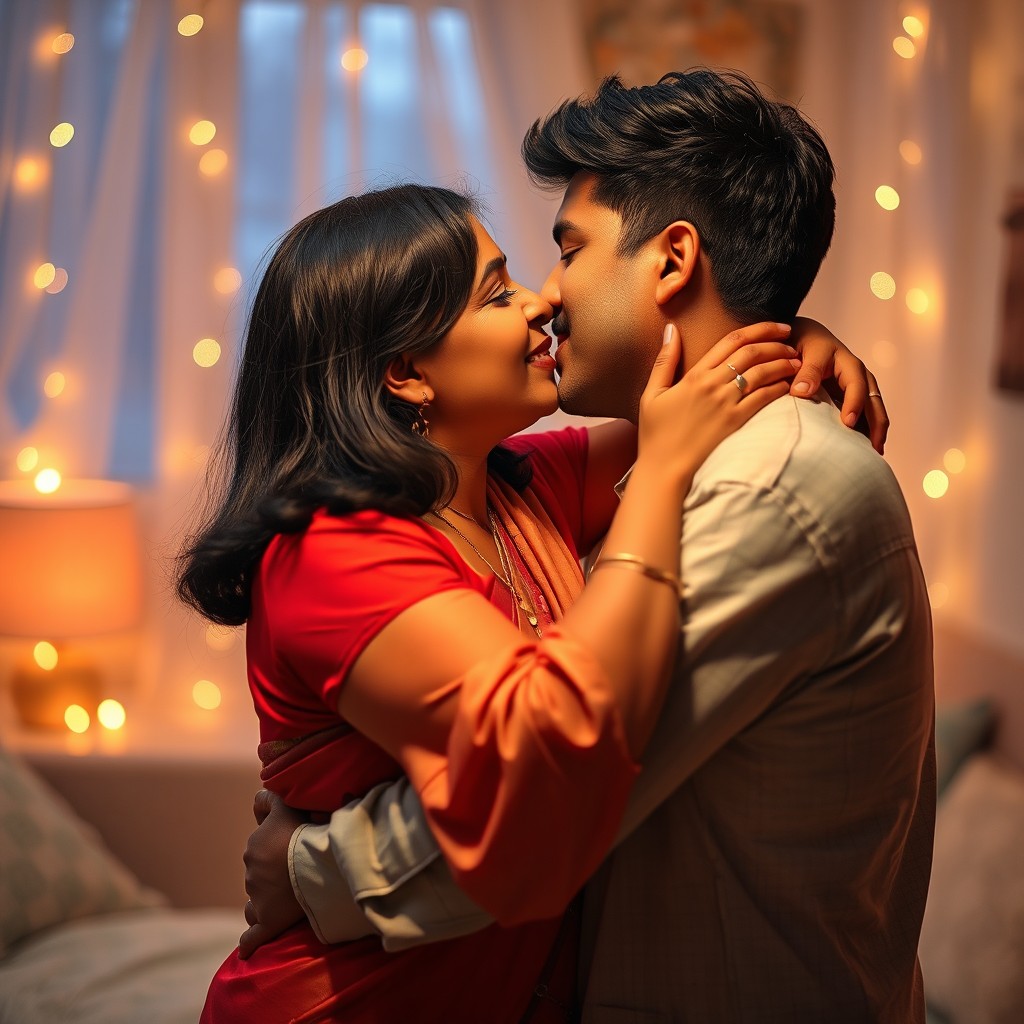 A romantic scene featuring a mature Indian woman with a chubby figure and shoulder-length black hair, passionately kissing her boyfriend
