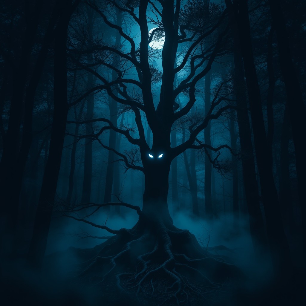 A dark forest at night, evoking an eerie and spooky atmosphere