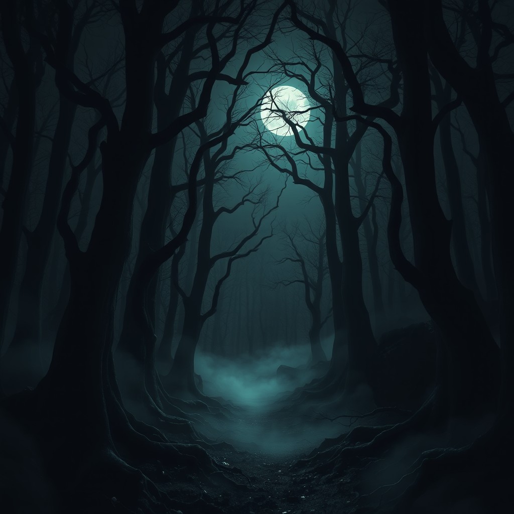 A very realistic dark forest at night, reminiscent of a horror movie setting
