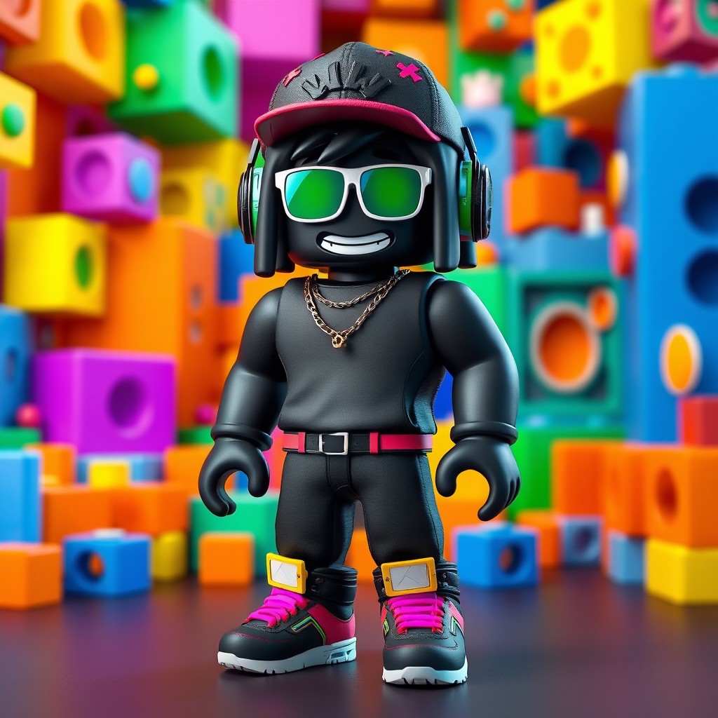 A dynamic image of a black Roblox avatar featuring a striking Borack head