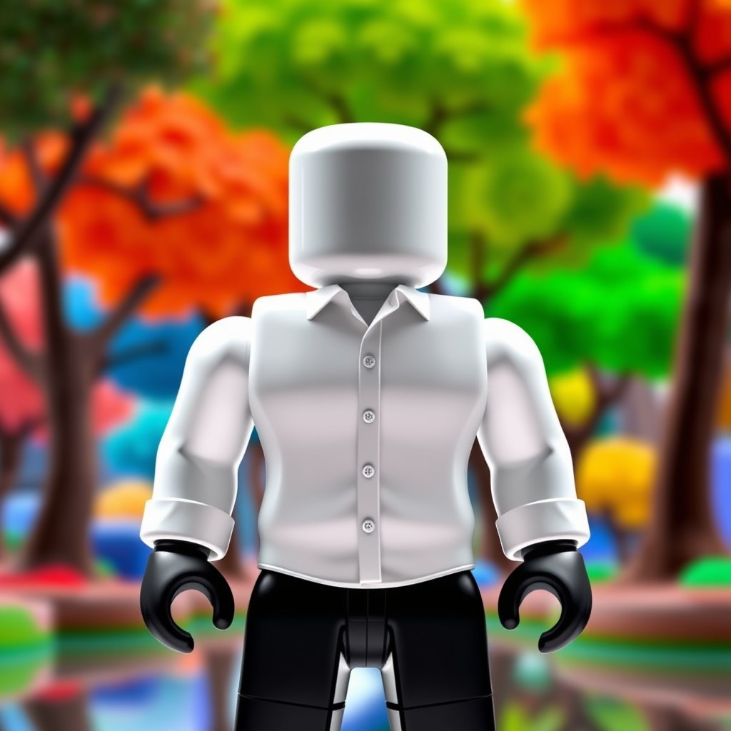 A Roblox avatar featuring a simple yet stylish design, wearing a crisp white shirt paired with sleek black pants