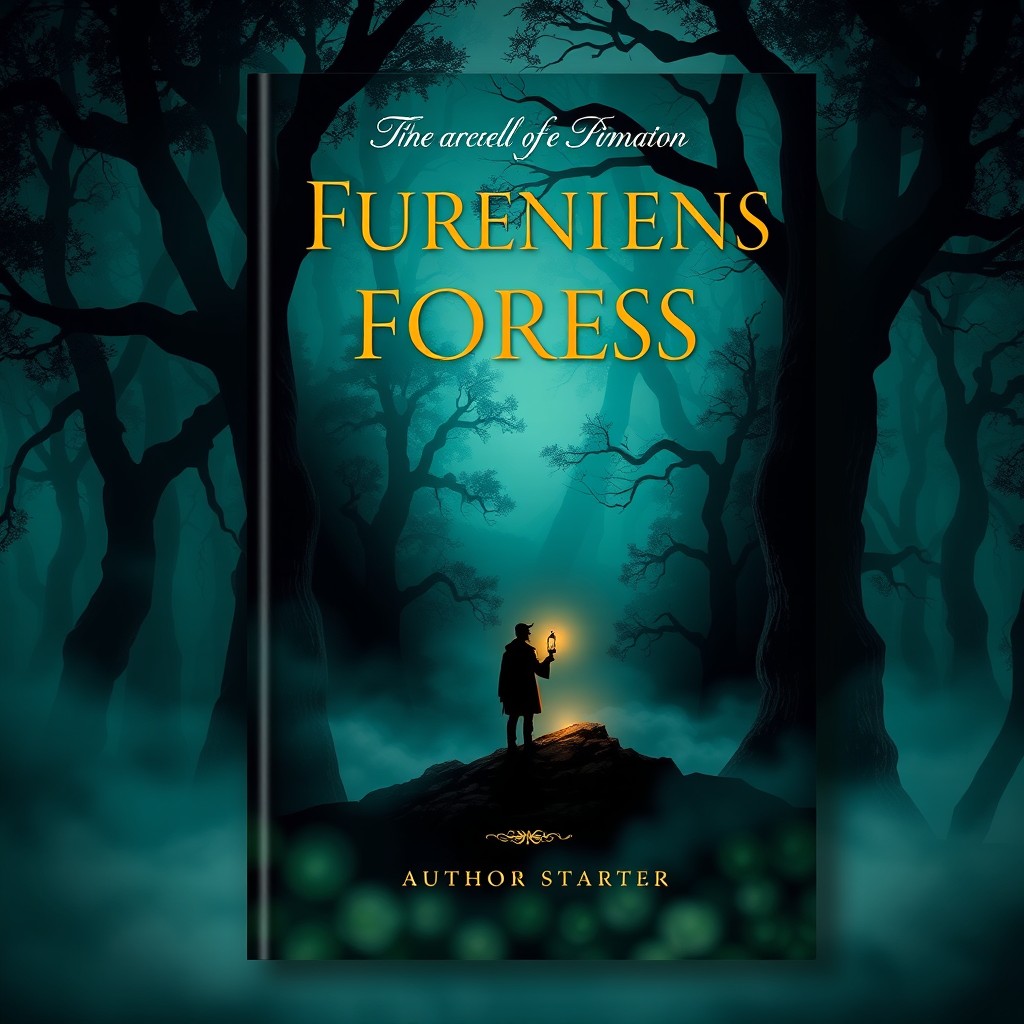 A captivating book cover design featuring a mysterious forest with swirling mists and towering ancient trees