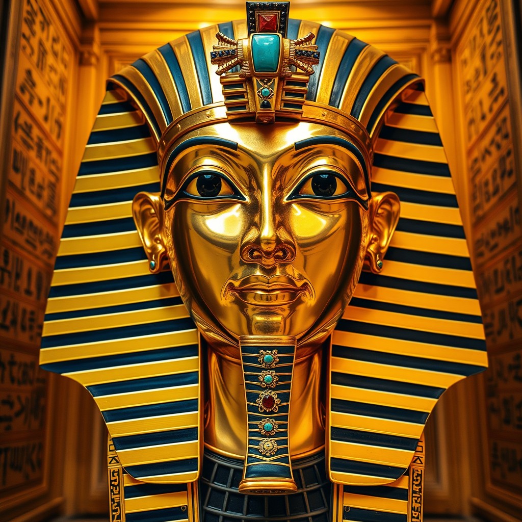A detailed view of the golden funerary mask of King Tutankhamun, showcasing its intricate design and brilliant gold finish