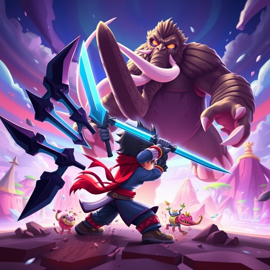 An epic scene from the game Blox Fruits on Roblox, featuring intense action between a character wielding a Triple Dark Blade and a formidable opponent, Rip Indra, who is using the Mammoth Fruit