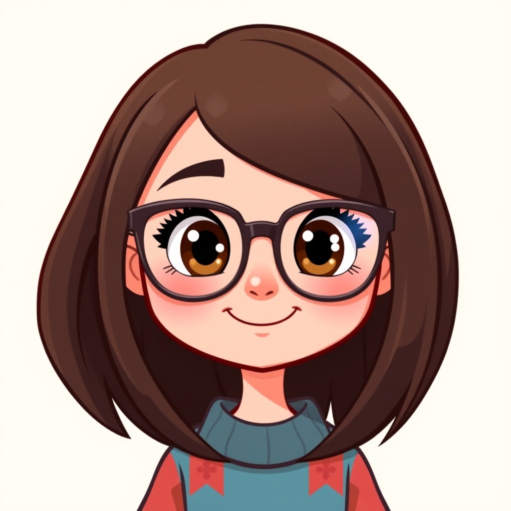 A cute, cartoon-style Bitmoji of a girl with long, straight dark brown hair, large hazel eyes, and stylish glasses