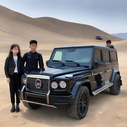 At a NASA road, an over-16 boy and a beautiful girl stand next to a black Rolls-Royce emblazoned with 'Hazara' up front. Behind the car, a trio of black Mercedes-Benz G-class cars are parked.