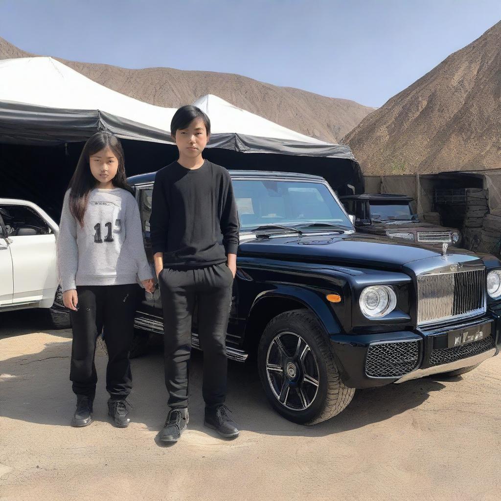 At a NASA road, an over-16 boy and a beautiful girl stand next to a black Rolls-Royce emblazoned with 'Hazara' up front. Behind the car, a trio of black Mercedes-Benz G-class cars are parked.