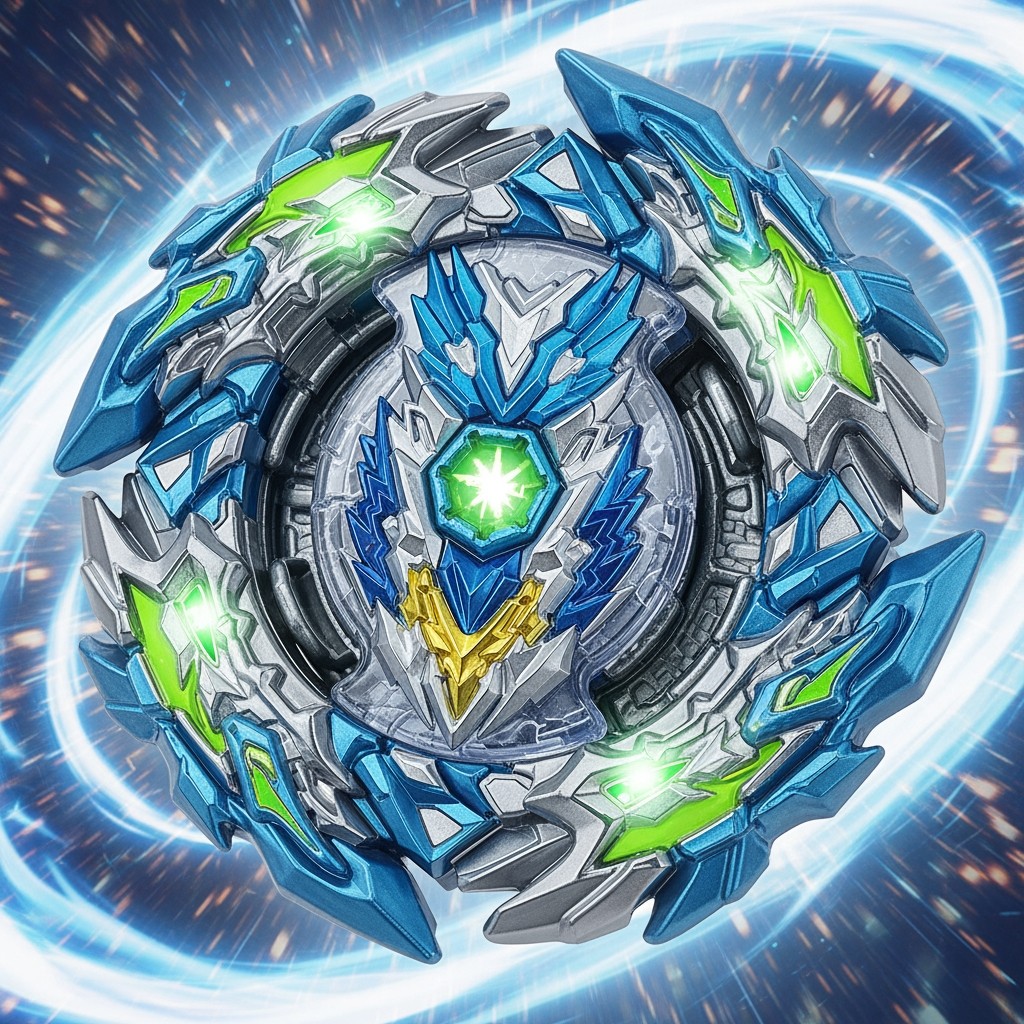 A Beyblade named 'Cybretrix Dragon', featuring a cybernetic dragon design that seamlessly integrates elements of defense, attack, and stamina