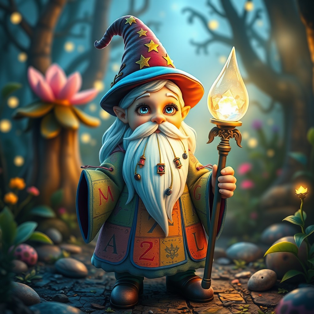 A female gnome wizard standing in a whimsical forest, wearing a vibrant, colorful robe adorned with magical runes and symbols