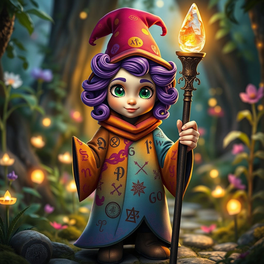 A female gnome wizard standing in a whimsical forest, wearing a vibrant, colorful robe adorned with magical runes and symbols
