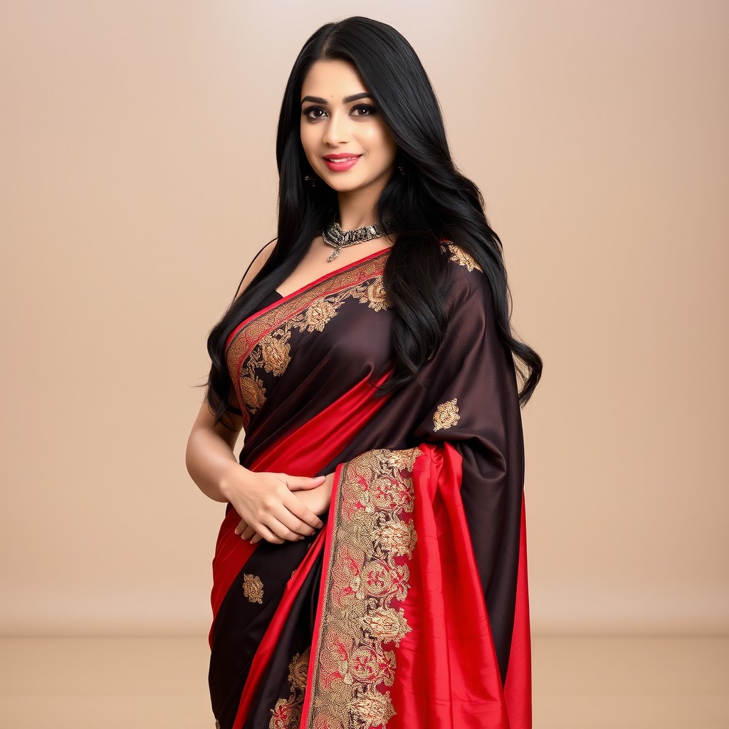 A stunning woman standing confidently, dressed in a captivating black and red shimmering saree that elegantly drapes around her