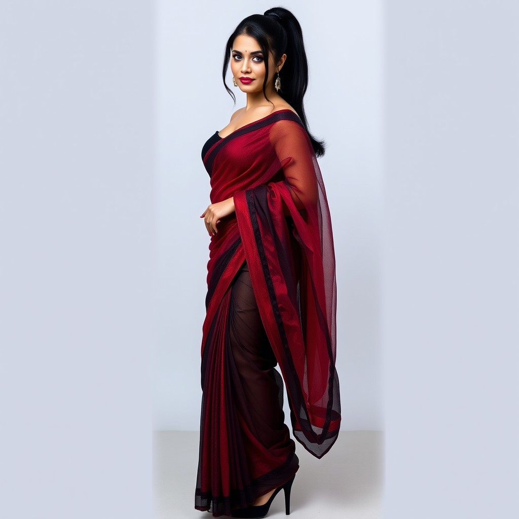 A stunning woman standing confidently, measuring 5 ft 6 inches tall, wearing a black and red shimmering net saree that beautifully accentuates her voluptuous curves
