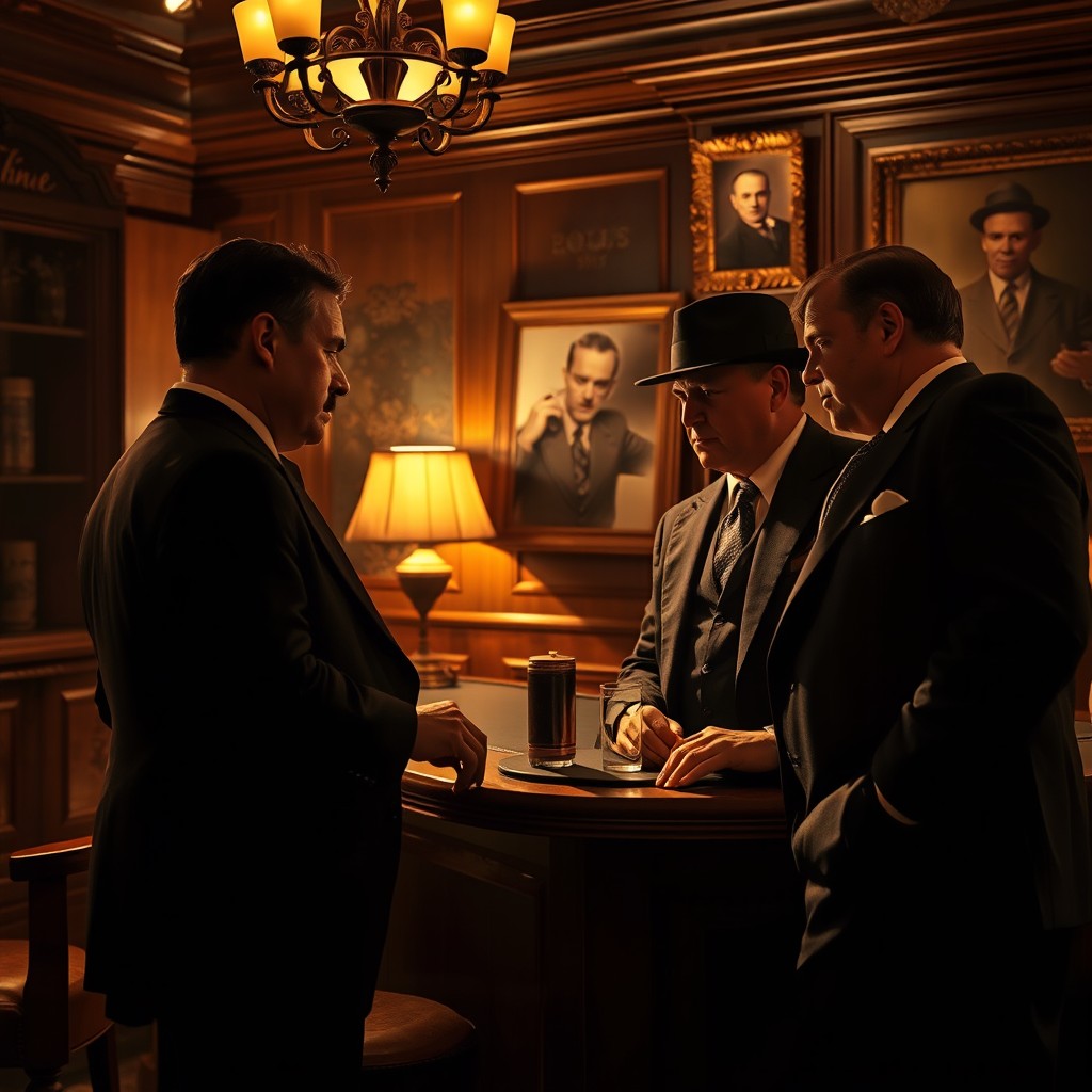 A dramatic scene set in a classic Italian mafia setting, featuring dapper-dressed mobsters in tailored suits, engaging in a heated discussion in a dimly lit, opulent room adorned with rich wooden furniture and vintage decor
