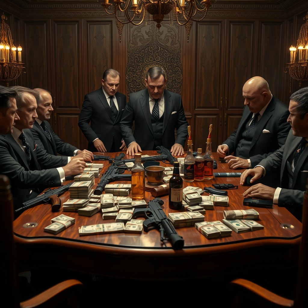 A gripping scene depicting Russian mafia members in a lavish, yet foreboding setting