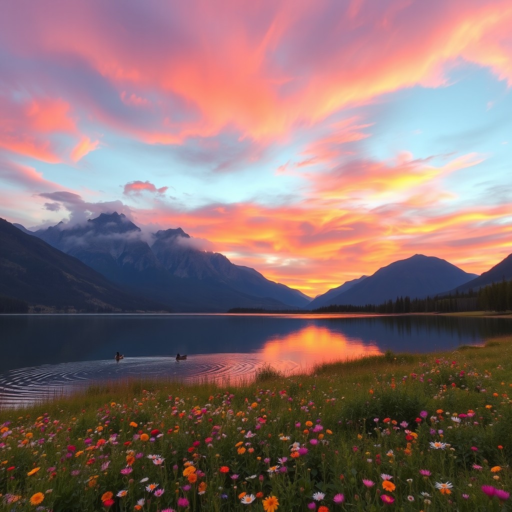 A picturesque landscape featuring a serene lake surrounded by majestic mountains, reflecting the vibrant hues of a sunset sky adorned with pink, purple, and orange clouds