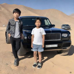 At a NASA road, an over-16 boy and a beautiful girl stand next to a black Rolls-Royce emblazoned with 'Hazara' up front. Behind the car, a trio of black Mercedes-Benz G-class cars are parked.