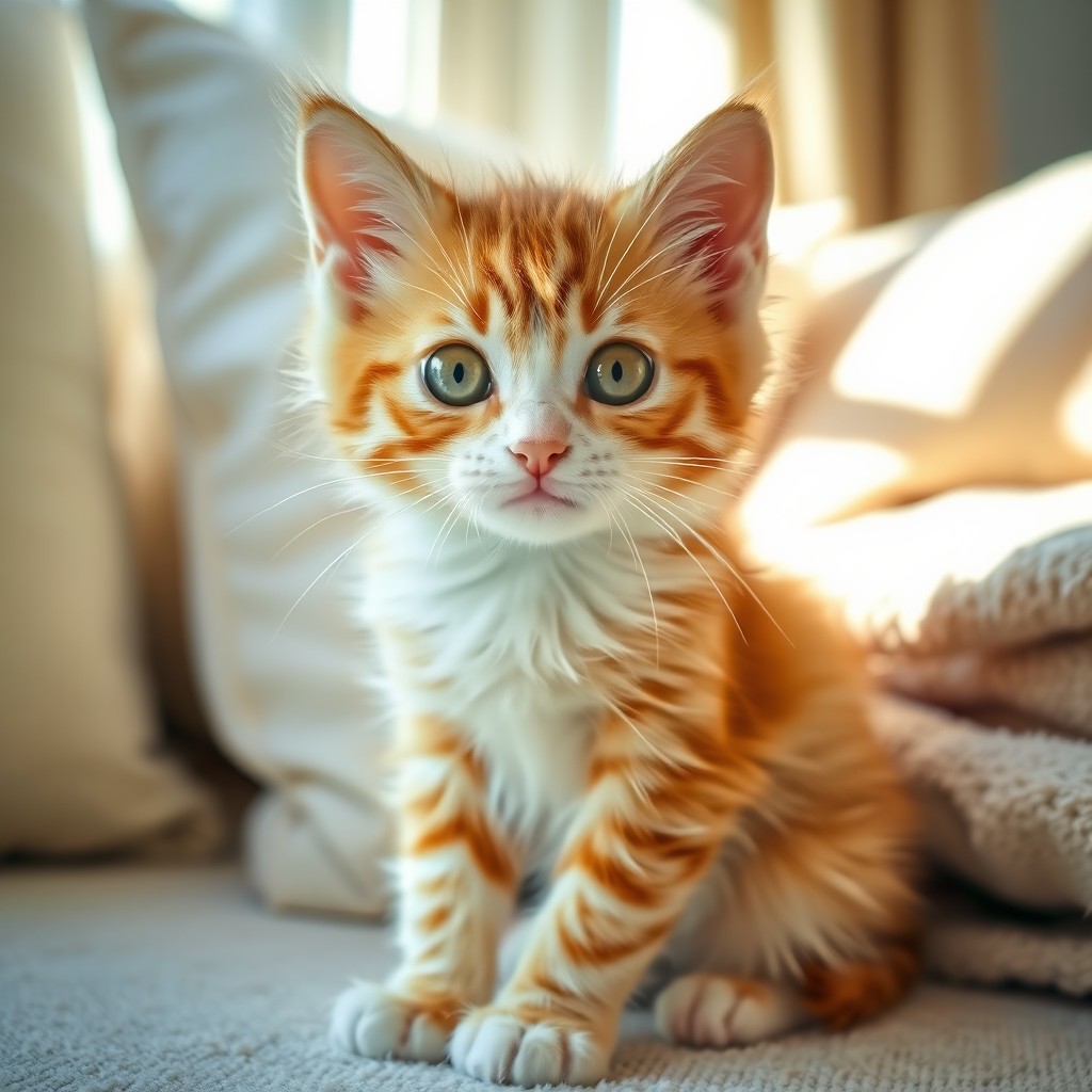 A cute and playful orange and white tabby girl kitten with bright green eyes, sitting in a sunlit room