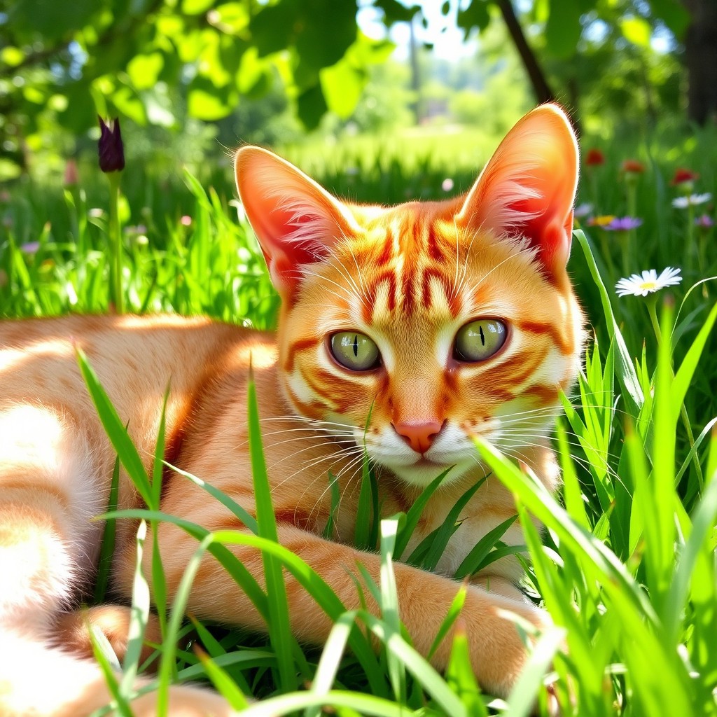 An orange tabby cat with bright green eyes lounging in a lush green grass field